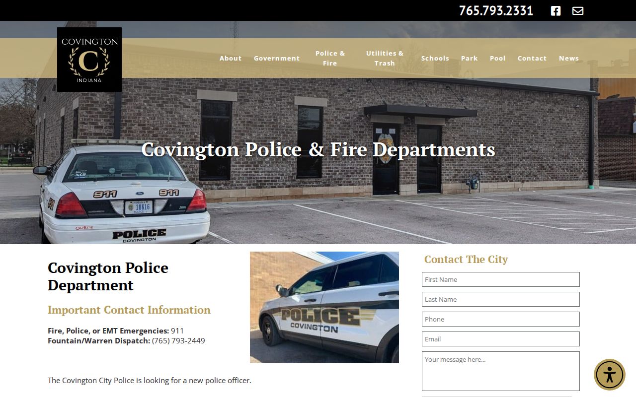 Covington Indiana Police official arrest-record contact page in Fountain County