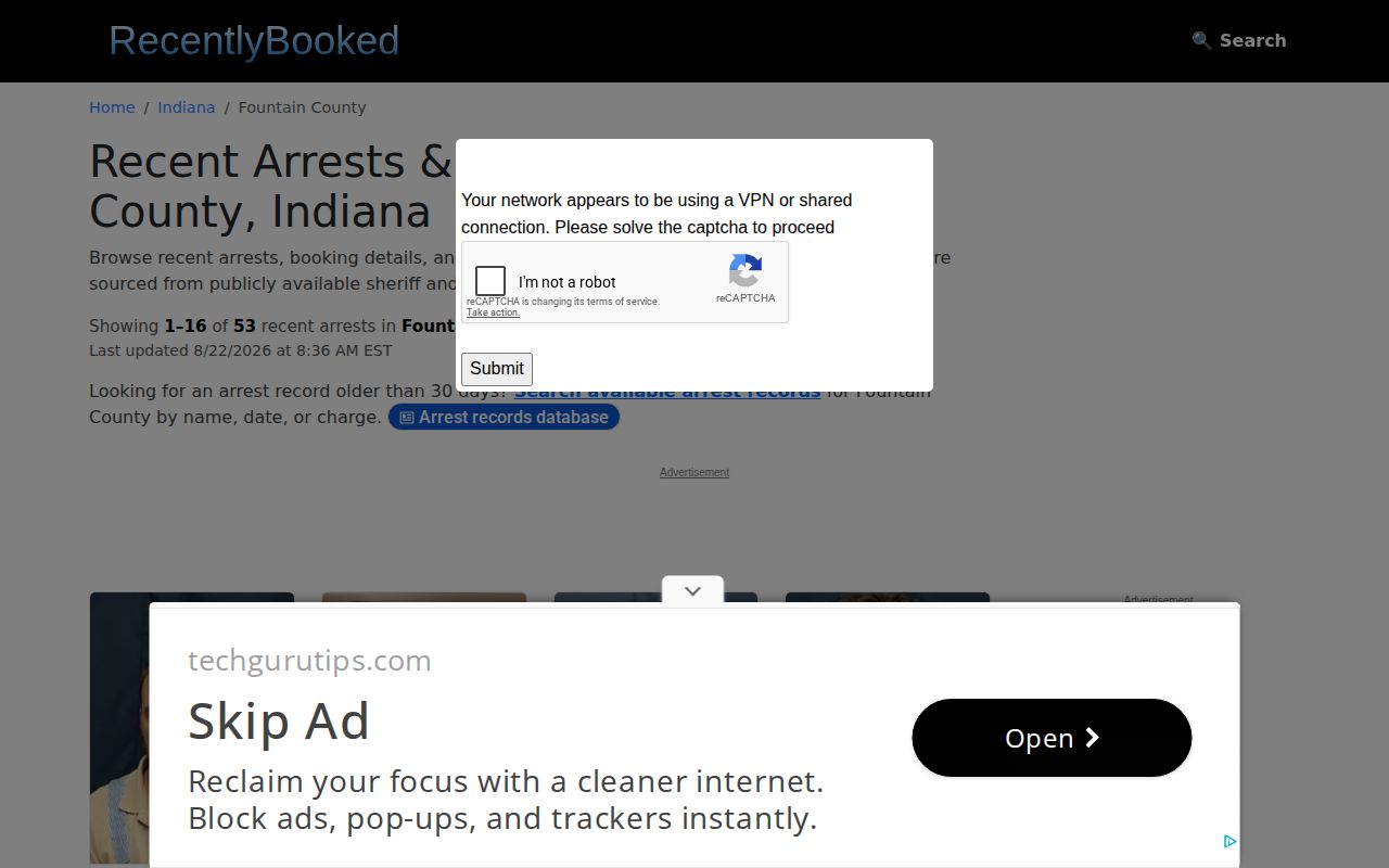 Unofficial Fountain County recent booking publisher page