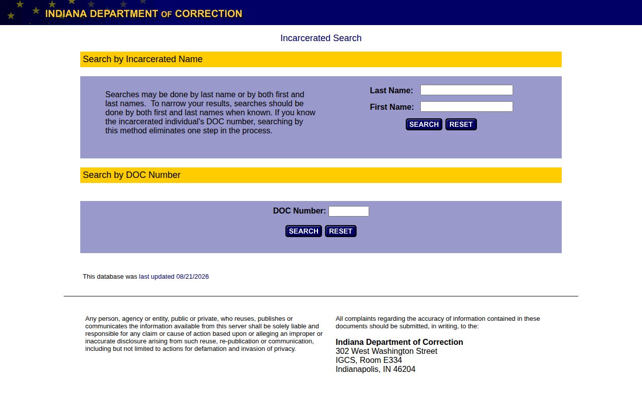 IDOC offender locator for Fountain County sentenced custody records